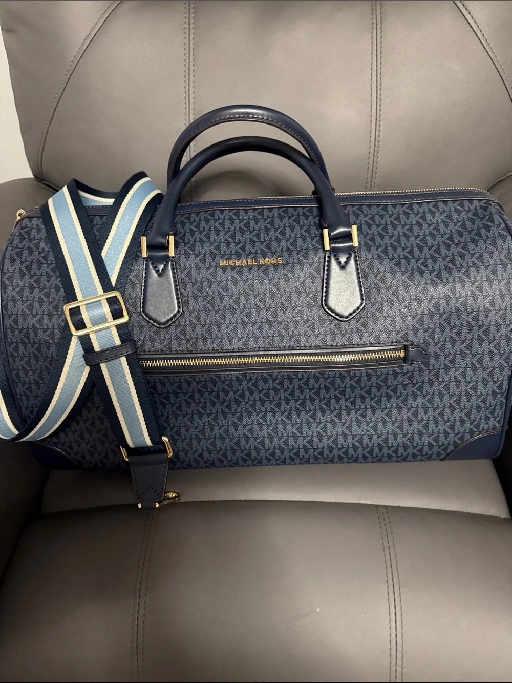 Michael Kors Navy MK Logo Duffel with Striped Blue-White Strap